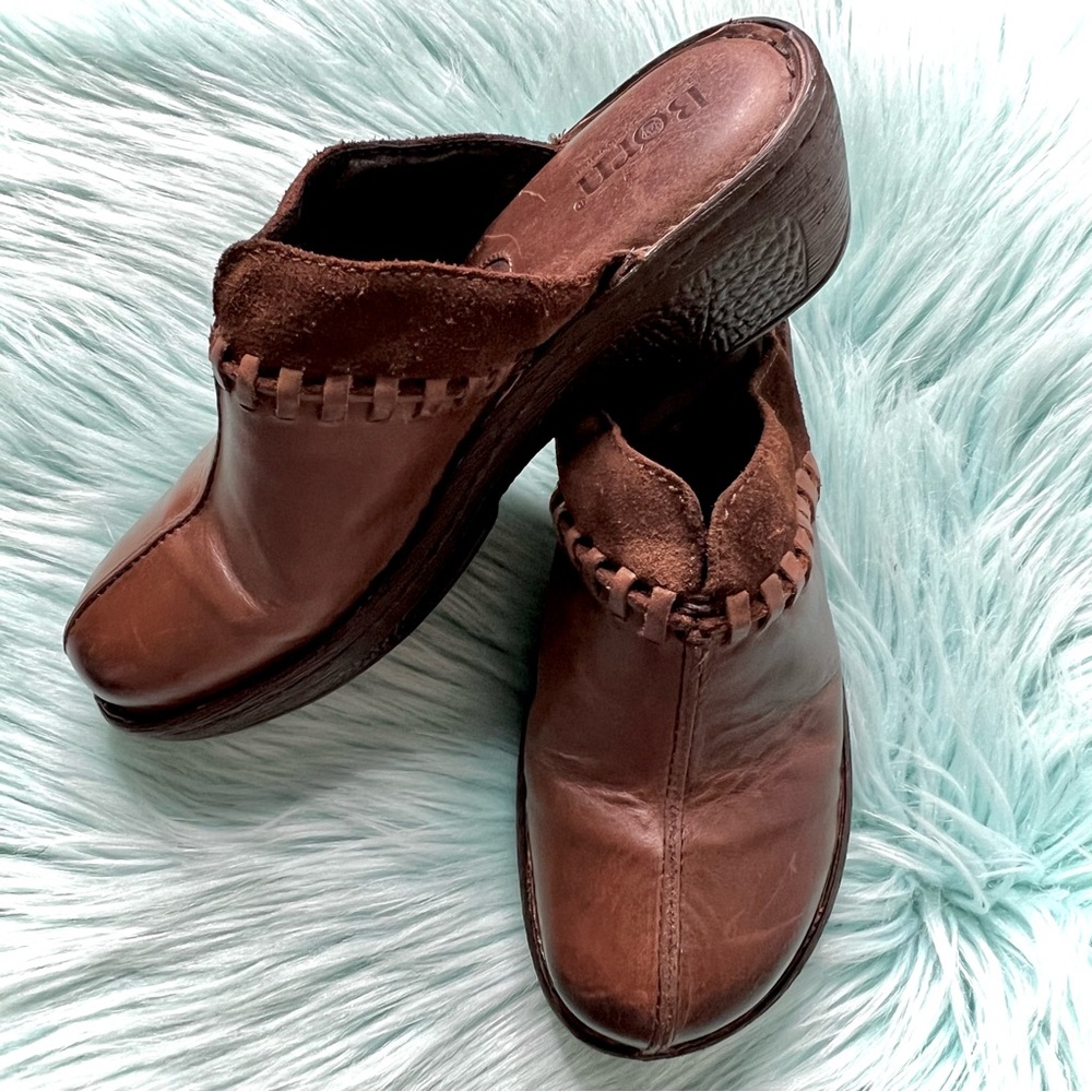 Born Brown LEATHER Clogs Womens Slip On Artisan Comfort Mules - Picture 4 of 16